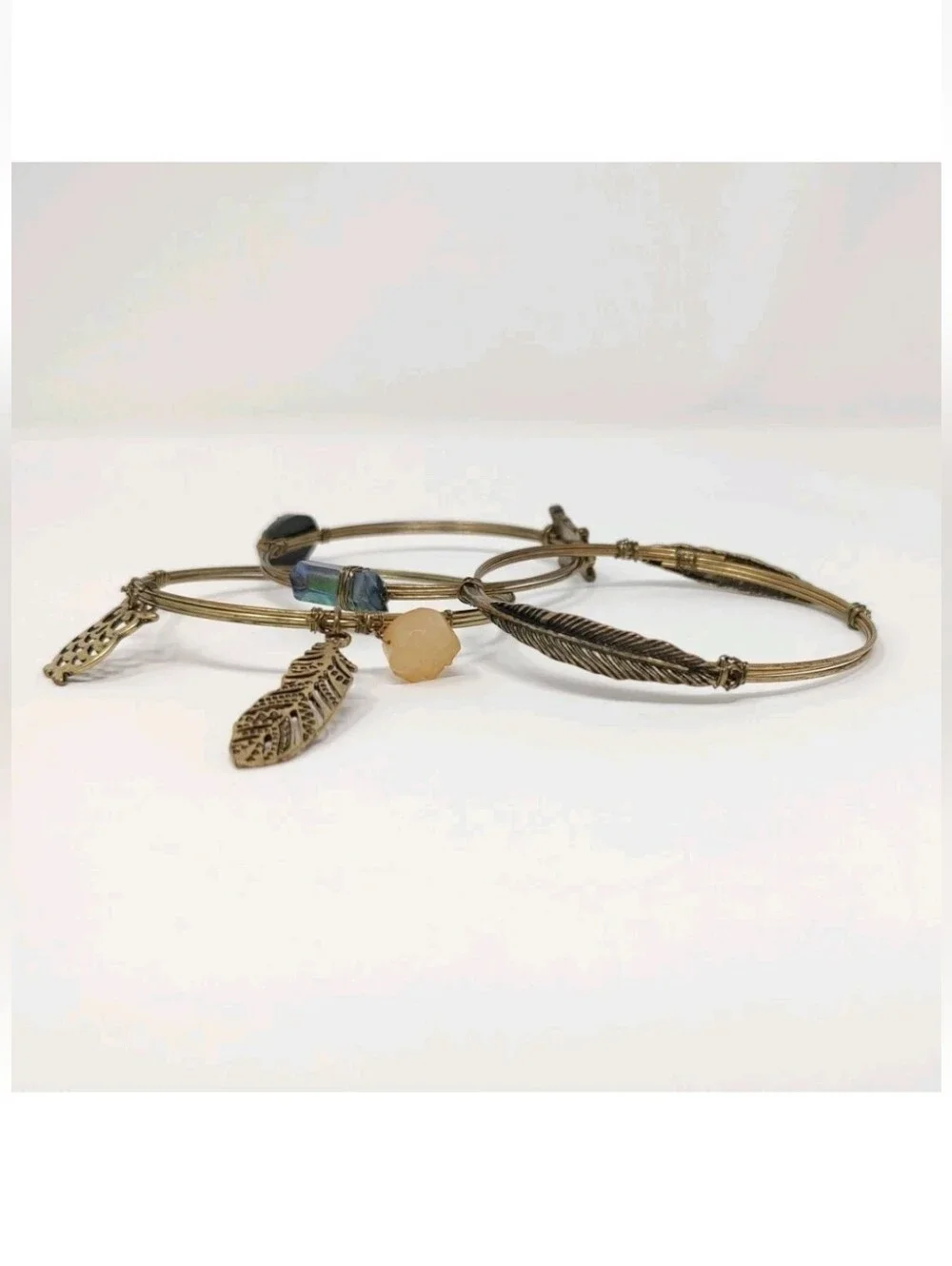 Boho Bangles Set of 3 Gold Bronze Tone Bracelets Wire Wrap Charms Feathers Owls